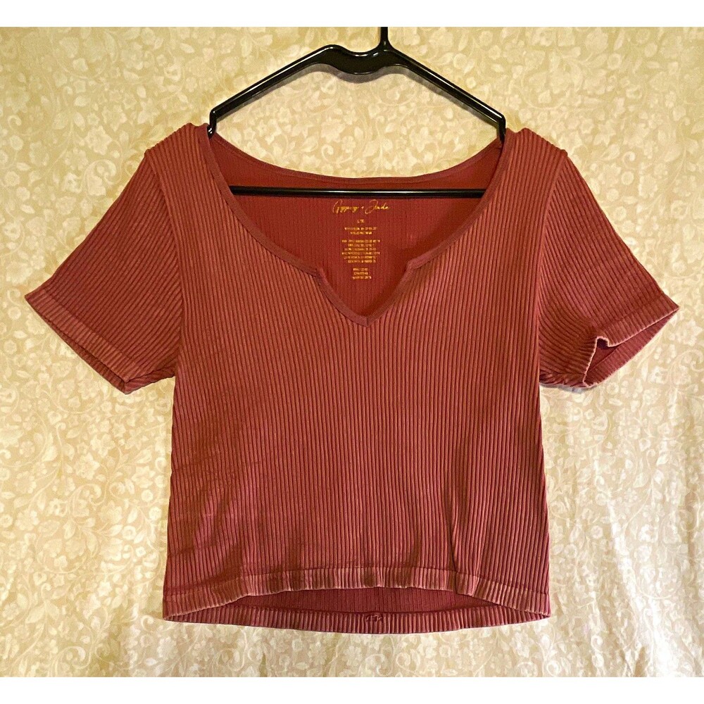 Gypsy + Jade Pink Solid Ribbed Knit V-Neck Short Sleeve Stretch Tee Womens L/XL